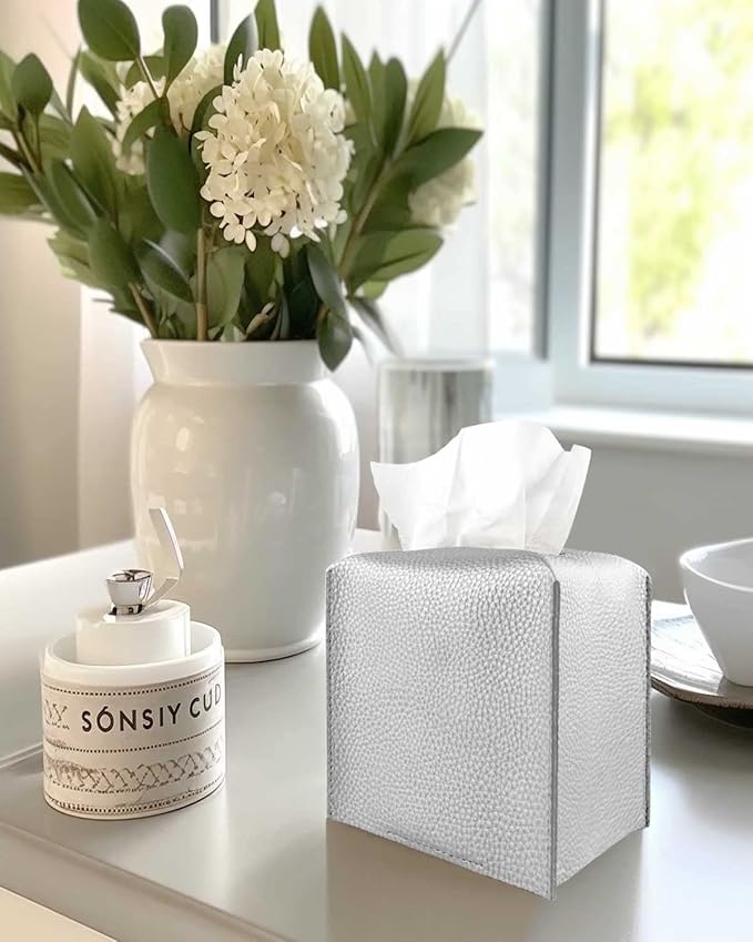 Silver Tissue Box Cover Leather – Square Tissue Box Holder with Bottom Belt by JESMINI, Modern PU Leather Cube Tissue Holder for Bathroom Vanity Countertop/Night Stands/Office