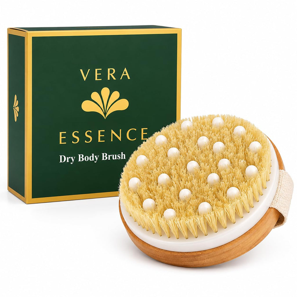 Vera Essence Dry Body Brush for Women & Men, Dry Brush for Lymphatic Drainage, Exfoliating Body Brush with Natural Boar Bristles, Massage Nodes & Bamboo Base for Dry Skin