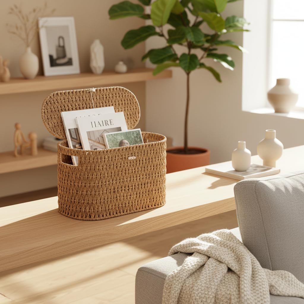 Coeusy Toilet Paper Storage Basket with Lid, Paper Rope Wicker Basket for Bathroom Organizers and Storage, Toilet Paper Holder for Up to 6 Mega Rolls, Boho Hand-Woven Decorative Decor, Natural