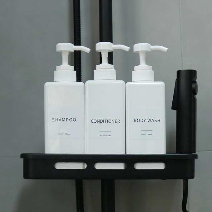 Shampoo and Conditioner Dispenser, Refillable Plastic Shampoo Pump Bottles with Waterproof Labels, Empty Body Wash Dispenser Set for Bathroom, Shower Soap Bottles (White, Set of 3, 16.9oz)