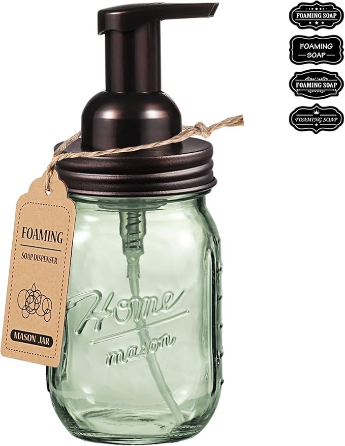 SheeChung 16 Oz Mason Jar Foaming Soap Dispenser, Stainless Steel Lid, BPA Free Pump, Green Glass Foam Hand Soap Dispenser, Refillable Liquid Foam Dispenser Bottle Bathroom Kitchen, Dish Soap-Bronze