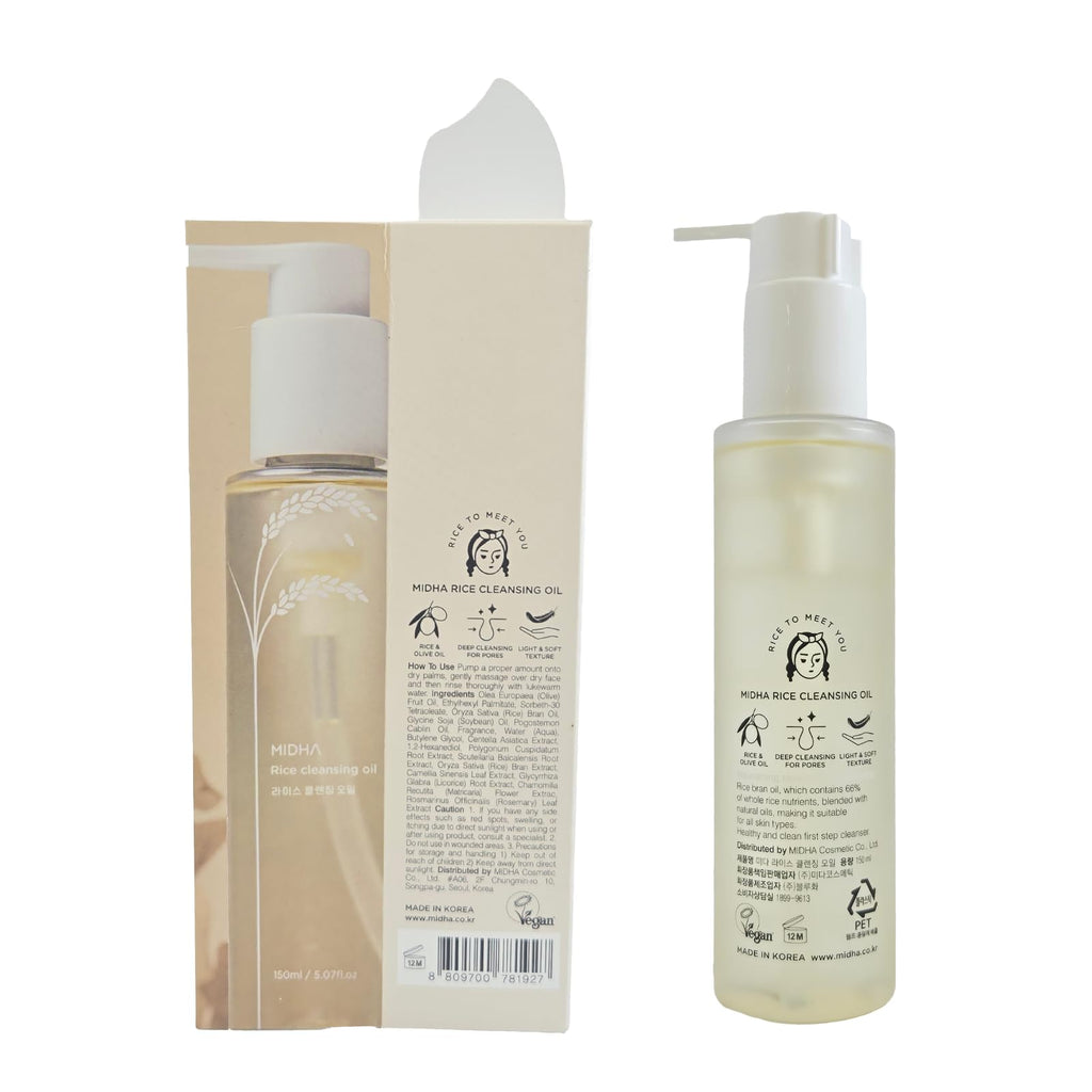 MIDHA Rice Bran Cleansing Oil, Gentle Makeup Remover for Face, Deep Pore Cleanser, Sebum Control, Hydrating Facial Cleanser, Safe for All Skin Types, Korean Skin Care, 6.76 fl. Oz