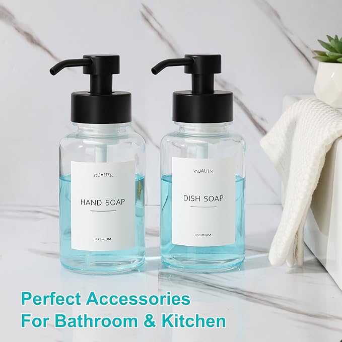 RACOBOT Foaming Hand Soap Dispenser, 14.1 oz/400ml Foaming Soap Dispenser, 2 Pack Glass Foaming Dispenser for Bathroom & Kitchen, Clear Refillable Liquid Dispenser Bottle with Waterproof Labels