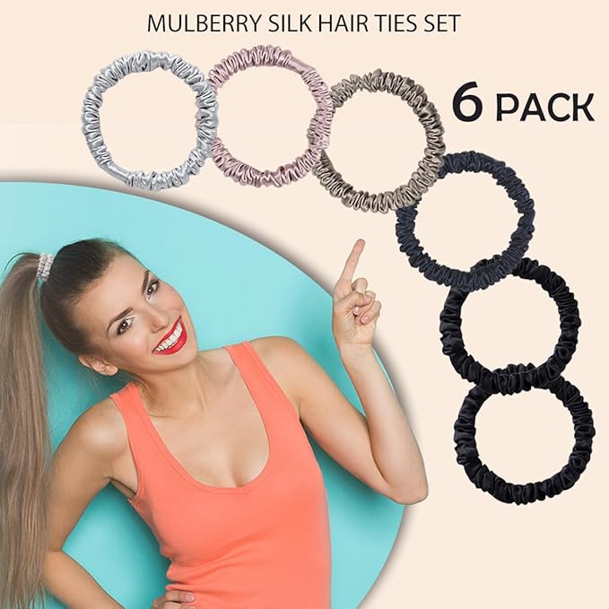 Mulberry Silk Scrunchies for Hair Sleep, Small Hair Ties for Women - 6 Pack (Black*2, Navy*1, Lotus Pink*1, Silver Gray*1, Apricot*1)