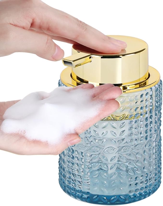 Fvstar Glass Foaming Soap Dispenser,Foam Dispenser Bottle with Large Pump,Wide-Mouthed and Easy to Press,Refillable Hand Soap Dispenser for Bathroom Countertop and Kitchen Decor (1, Blue)