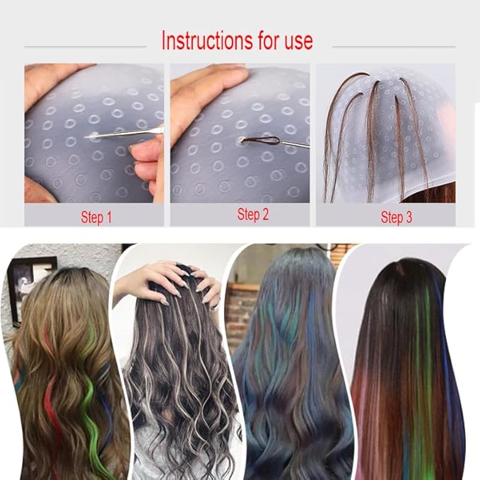 Silicone Highlight Caps for Color Hair 5 Pcs, Reusable Highlighting Caps with Hooks & Salon Hairdressing Dyeing Staining Tools Set for Women Men