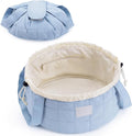 Narwey Lay Flat Open Drawstring Puffer Makeup Bag, Large Quilted Cosmetic Bag for Women Girls, Cute Make up Bags with Handle, Travel Toiletry Bag for Skincare, Brushes & Travel Essentials (Blue)