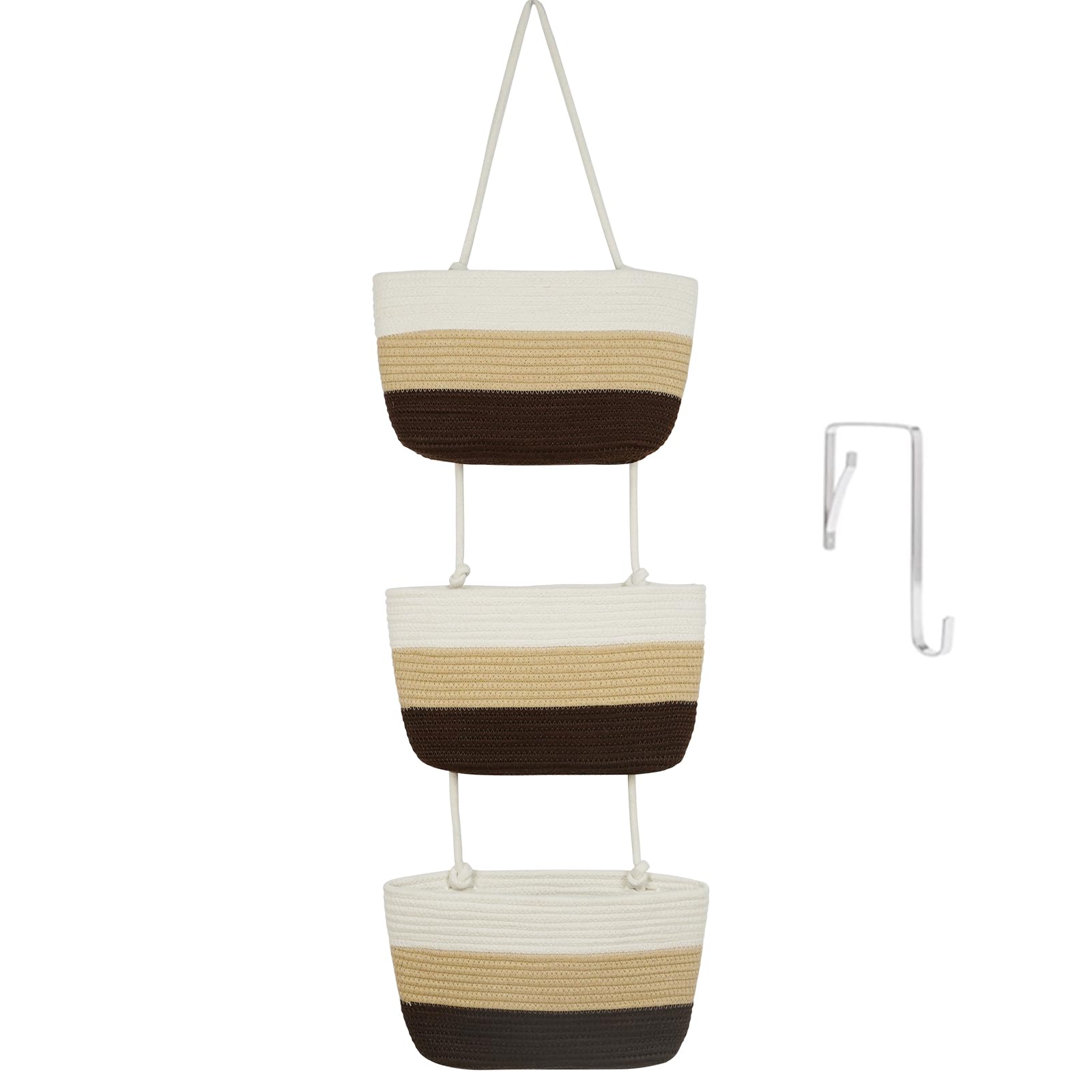 TeoKJ Over the Door Hanging Basket, 3-Tier Woven Cotton Wall-Mounted Storage Organizer Bag Decorative Hanging Nursery Baskets，Gradient Brown