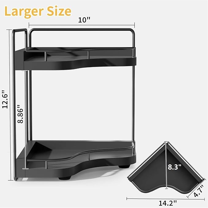 Aollewoiti 2-Tier Corner Bathroom Counter Organizer with Embedded Screw Holes, Secure & Stable Wood Vanity Shelf for Makeup and Skincare Essentials - Space Saving Bathroom Countertop Storage, Black