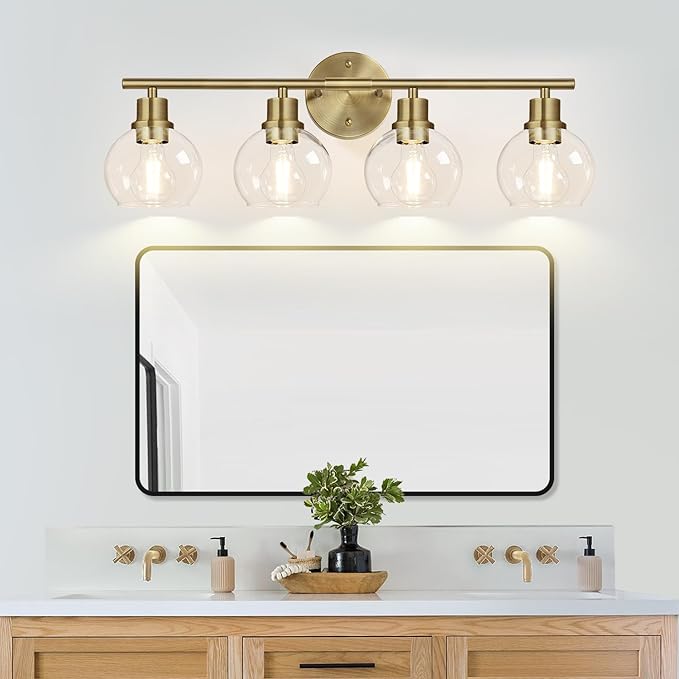 4-Light Bathroom Light Fixtures, Brushed Brass Bathroom Lights Over Mirror with Clear Glass Globe Shade, Vanity Lights for Bathroom Kitchen Living Room Hallway Cabinet Bedroom Porch