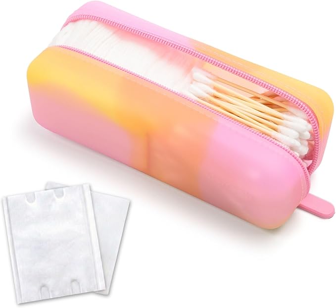 Cotton Pad Swab Travel Case, 2-in-1 Waterproof Organizer (Peach Sunrise)