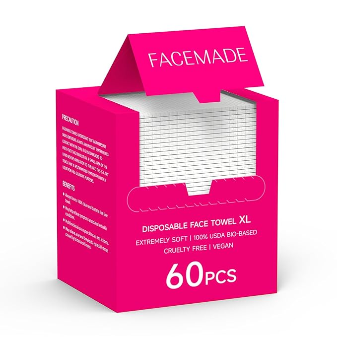 FACEMADE 60 Count Disposable Face Towels, 100% USDA Biobased Face Towelettes Disposable, Clean Facial Towels for Makeup and Clean Skin, Super Soft and Thick Dry Wipes Club
