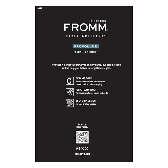 Fromm ProVolume Self-Grip Ceramic Ionic Thermal Hair Rollers, Set of 12 – Six 2" & Six 2.5" Professional Grade Rollers for Medium to Long Hair for Volume, Soft Waves, & Curtain Bangs, Hot Hair Rollers