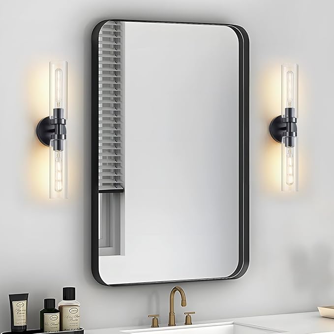 2 Light Bathroom Wall Sconce Set of 2,Modern Farmhouse Black Bathroom Light Fixture Over Mirror with Clear Glass Shade,Bathroom Vanity Light for Hallway Cabinet Bedroom Stairway Porch