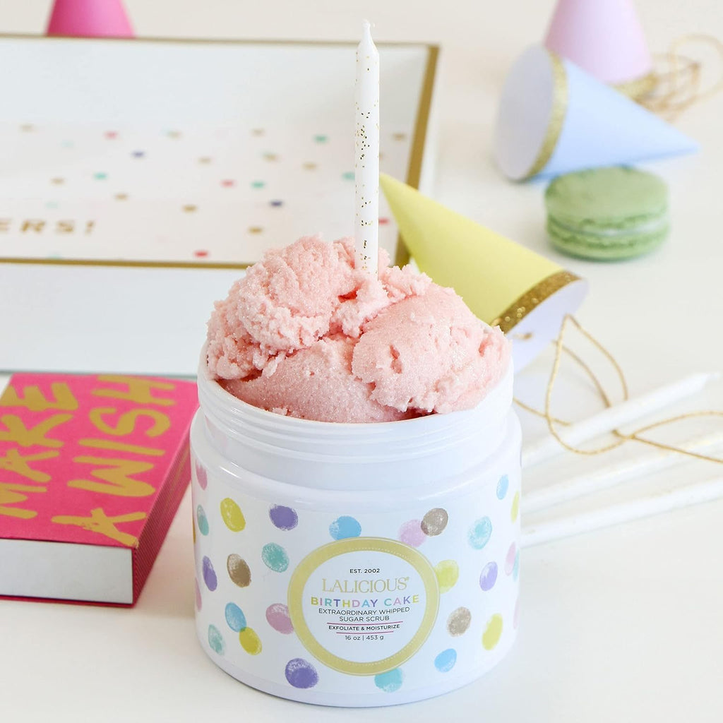 LALICIOUS Birthday Cake w Pink Shimmer - Exfoliating & Moisturizing Whipped Body Scrub | Sugar & Coconut Oil | Gently Buffs & Smooths Sensitive Skin | No Parabens | Large 16oz