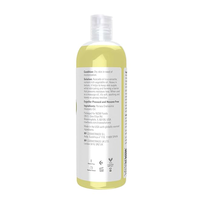 NOW Foods Solutions, Avocado Oil, 100% Pure Moisturizing Oil, Nutrient Rich and Hydrating, 16-Ounce