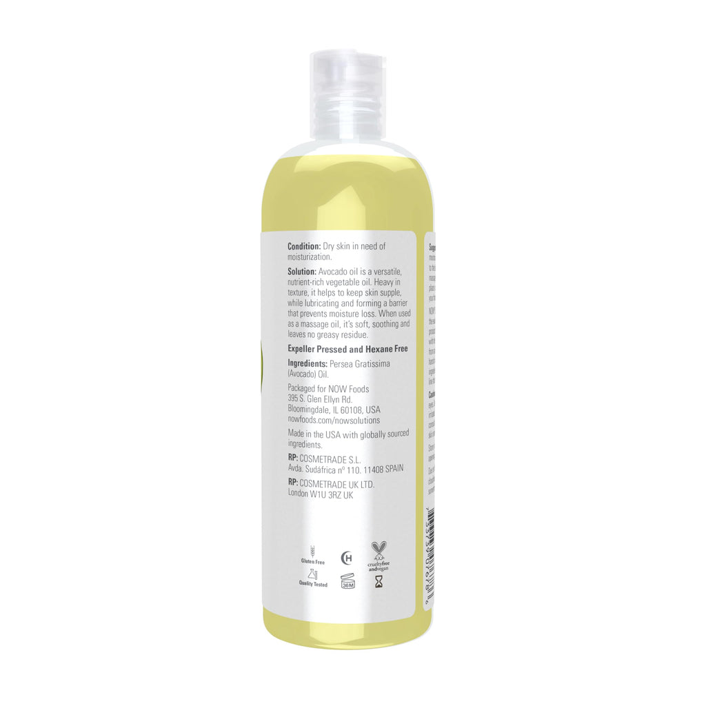 NOW Foods Solutions, Avocado Oil, 100% Pure Moisturizing Oil, Nutrient Rich and Hydrating, 16-Ounce