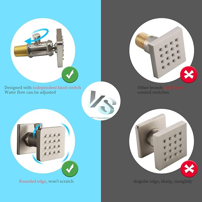 (Upgrade) Solid Brass Shower Body Spray Massage Nozzle Wall Jets, Flow Can Be Controlled, Showerhead Can Swivel (4PCS, Brushed Nickel)