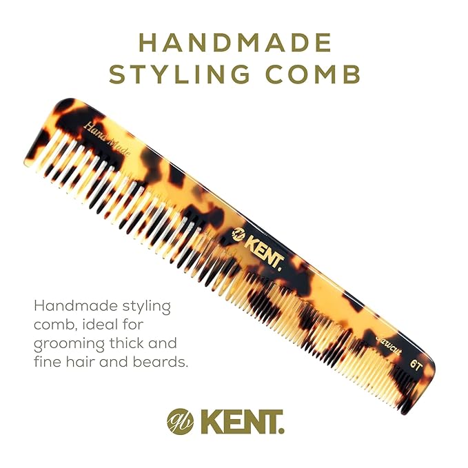 Kent 6T TY Fine Tooth and Wide Tooth Hair Comb, Handmade Styling Comb for Hair Care, Barber Combs, Beard Combs For Men, Styling Grooming for Men, Women and Kids
