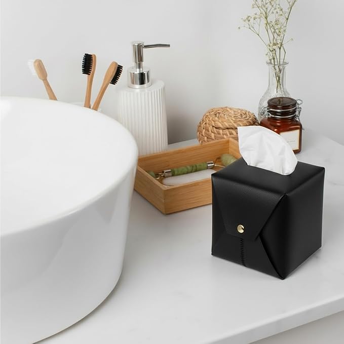 Frayot 2 Pack Tissue Box Cover Square, Faux Leather Tissue Holder Organizer with Side Openings for Bathroom, Vanity, Tabletop, Office (Black)