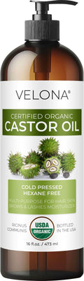 velona USDA Certified Organic Castor Oil - 16 fl oz (With Pump) | For Hair, Eyelashes, Eyebrows | Cold pressed, Natural Oil, USP Grade | Hexane Free, Lash Serum, Caster