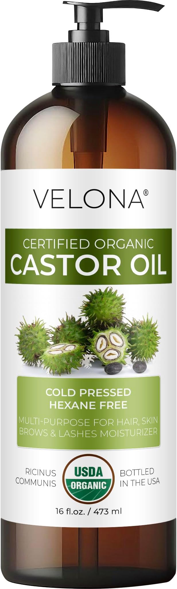 velona USDA Certified Organic Castor Oil - 16 fl oz (With Pump) | For Hair, Eyelashes, Eyebrows | Cold pressed, Natural Oil, USP Grade | Hexane Free, Lash Serum, Caster