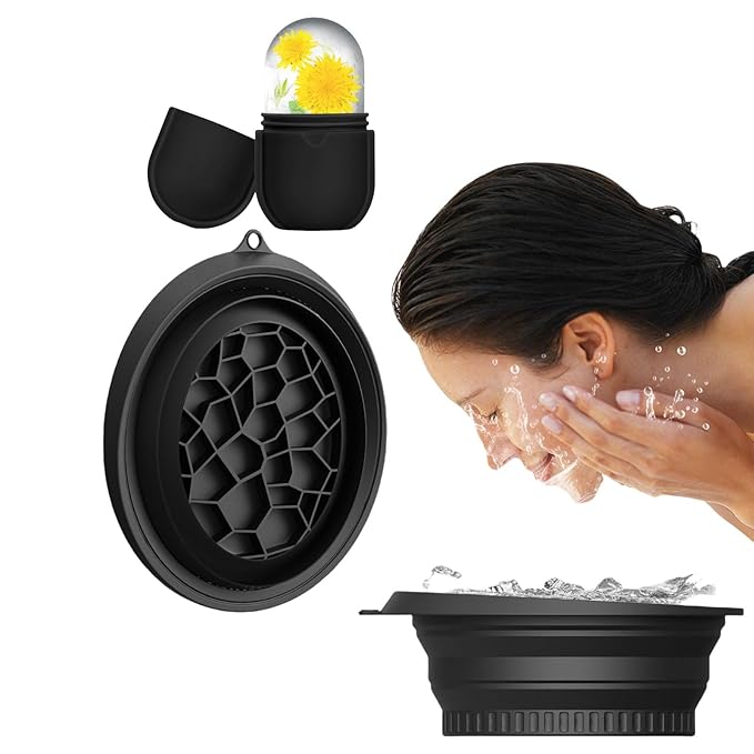 2-Piece Face Ice Bath Bowl Set– Foldable Face Basin with Built-In Ice Tray and 1 Ice Roller for Skincare Massage – Foldable & Portable Bowl for Home Ice Water Facials