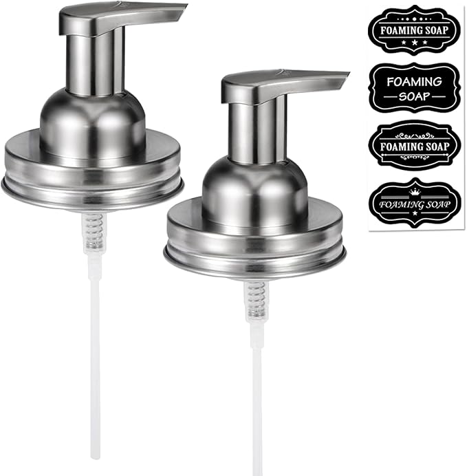 Amolliar Mason Jar Foaming Soap Dispenser Lids, Plastic Foam Pump Lids for Regular Mouth, Foaming Replacement Pump Set, Farmhouse Kitchen BathroomShower, Includes Waterproof Stickers - 2 Pack, Silver