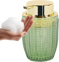 Green Foaming Soap Dispenser, Glass Foam Hand Soap Dispenser with Gold Pump, Bathroom 10 Oz Refillable Liquid Lotion Pump Container Barrel Shape Bottle for Kitchen Countertop Decor
