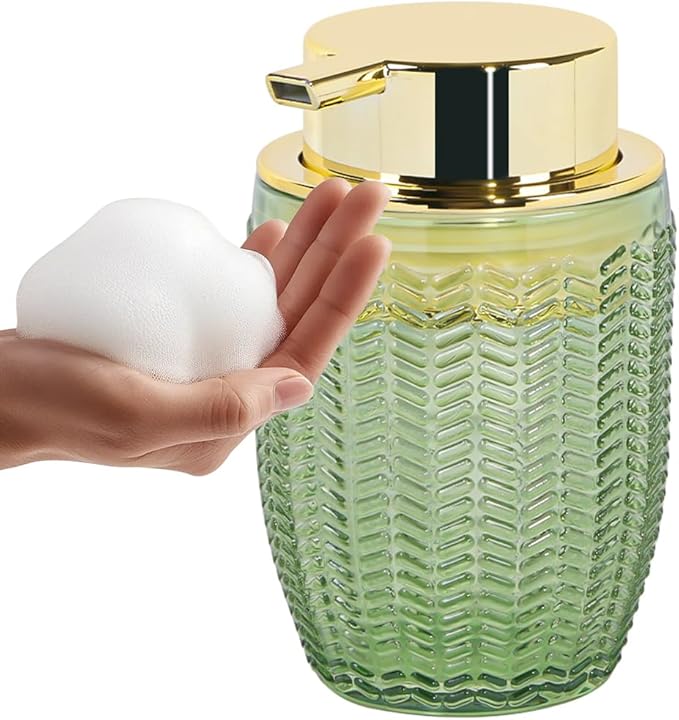 Green Foaming Soap Dispenser, Glass Foam Hand Soap Dispenser with Gold Pump, Bathroom 10 Oz Refillable Liquid Lotion Pump Container Barrel Shape Bottle for Kitchen Countertop Decor