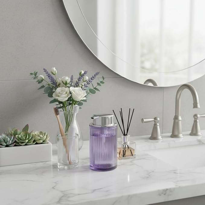 Tonxus Foaming Soap Dispenser, 12 Oz Purple Glass Foam Hand Soap Dispenser, Refillable Glass Foam Pump Bottle Container Decorative Slim Ribbed Bottle for Bathroom and Kitchen