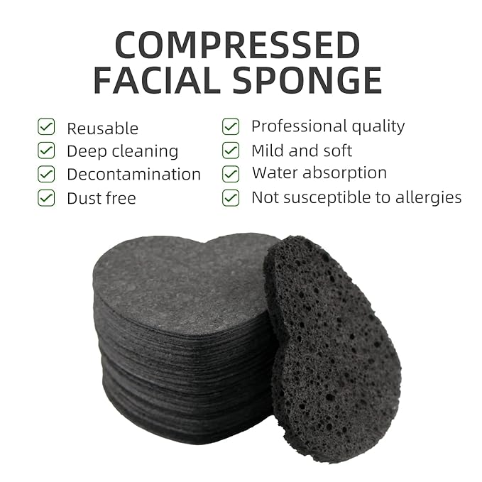 100-Count Compressed Facial Sponges for Estheticians Heart Shape Natural Cellulose Sponge Professional Cosmetic Spa Sponges for Face Cleansing, Massage, Pore Exfoliating, Mask, Makeup Removal, Black