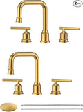 Brushed Gold Bathroom Faucet Set: WOWOW Widespread Bathroom Sink Faucet 3 Hole with Pop-up Drain and Supply Lines, 8 Inch Vanity Taps 3 Pieces Basin Tap 2 Handle Modern (Set of 2)