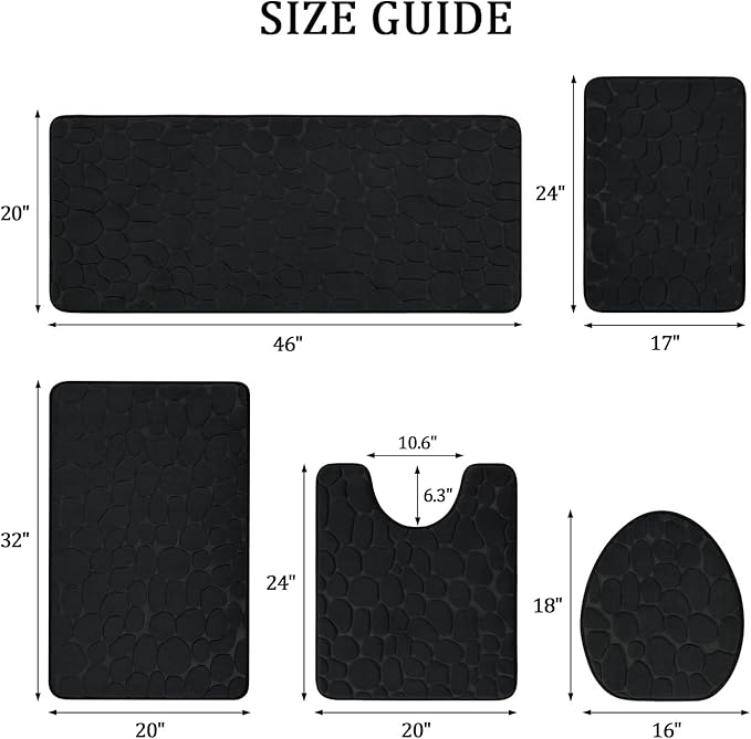 YIHOUSE Bathroom Rugs Mat Set, Memory Foam Bath Mat 5 Piece Black
