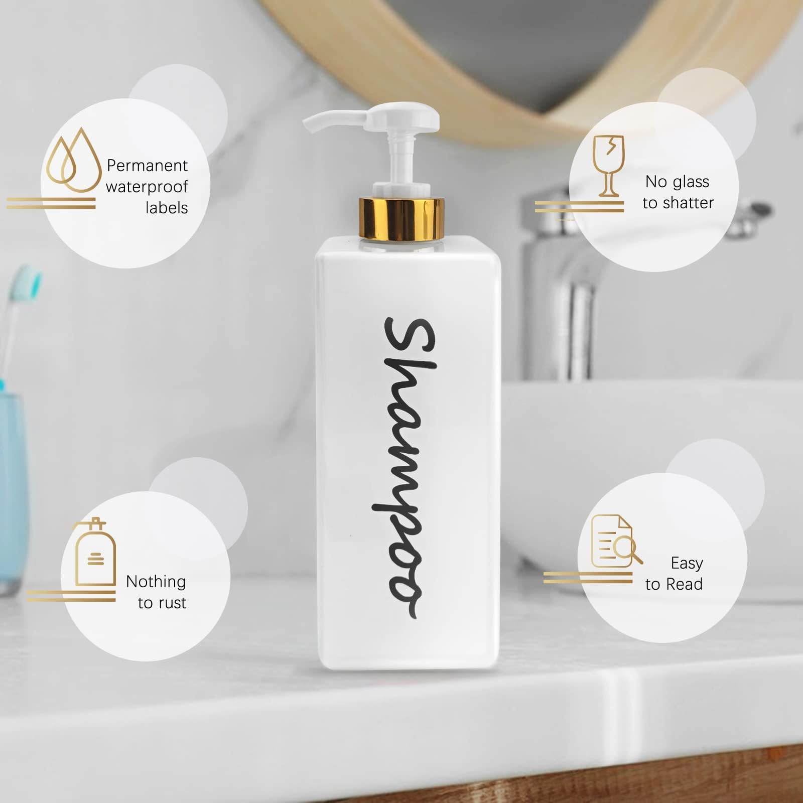 Shampoo and Conditioner Dispenser (Set of 3, 21oz) Modern Refillable Shampoo Pump Bottles for Shower Soap - Empty Body Wash Dispenser Set for Bathroom