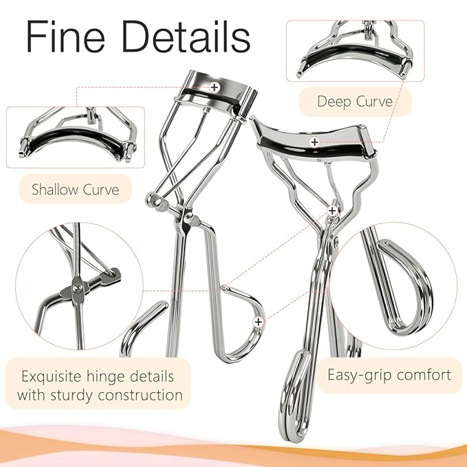 qiipii 2 Kinds of Eyelash Curlers with Different Curvature Suitable for Various Eyes Shapes, Silver Comfort Grip,10 Silicone Replacement Refills Pads for Perfect Framed Lashes - Gentle & Safe Use