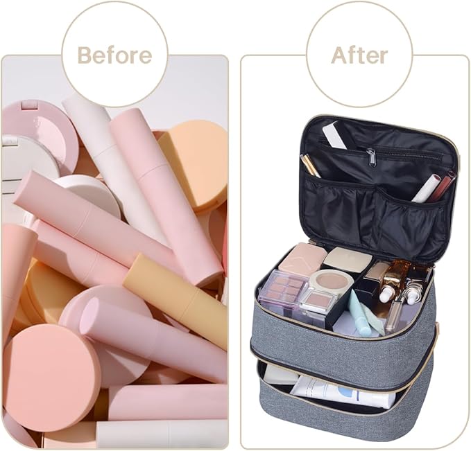 TANPADUAJI Double Layer Makeup Bag Portable Large Cosmetic Case Organizer with Adjustable Dividers Storage Travel Bag for Accessories Brushes Conditioner and Skin Care Products (Gray Gold)