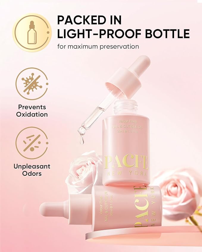 PACFE Velour Rosa Nail and Cuticle Oil - 100% Natural Plant-Based Treatment with Jojoba oil, Squalane & Vitamin E - Deep Hydration for Dry Damaged Nails & Cuticle - Non-Greasy, Rose Scent, 1.0 fl oz
