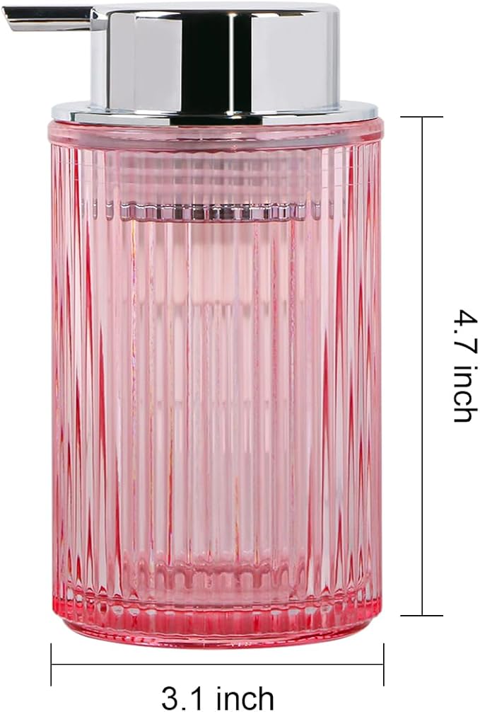 Tonxus Foaming Soap Dispenser, 12 Oz Pink Glass Foam Hand Soap Dispenser, Refillable Lotion Soap Dispenser with Removable Pump for Kitchen Hand Wash Dispenser, Modern Slim Ribbed Bottle for Decor