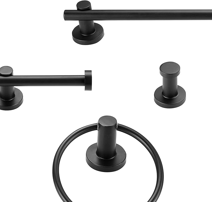 Globe Electric 51710 5-Piece Bathroom Accessory Set with 24-inch 3-Light Vanity Fixture, Matte Black Finish, Industrial Design, E26 Base, Towel Bar, Towel Ring, Robe Hook, Toilet Paper Holder