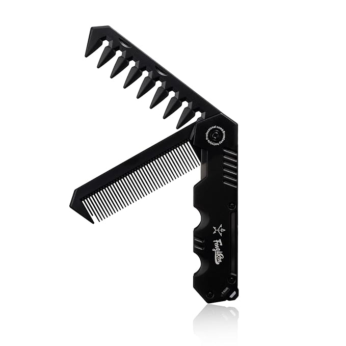 Protable Folding 2 in 1 Hair Comb Dence Tooth Comb Wide Tooth Comb Sparse Styling Pocket for Combing Straight hair Curly Hair Beards Mustaches for Men Barber Hairdresser (Black)