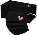 YOMEESOUL 50pcs Cute Disposable Face Masks, Pink And Black Masks with Hearts Printed, 3-Ply Full Protection for Women Teen Girls (Pink Hearts)