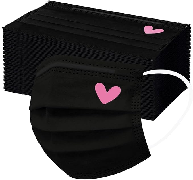 YOMEESOUL 50pcs Cute Disposable Face Masks, Pink And Black Masks with Hearts Printed, 3-Ply Full Protection for Women Teen Girls (Pink Hearts)