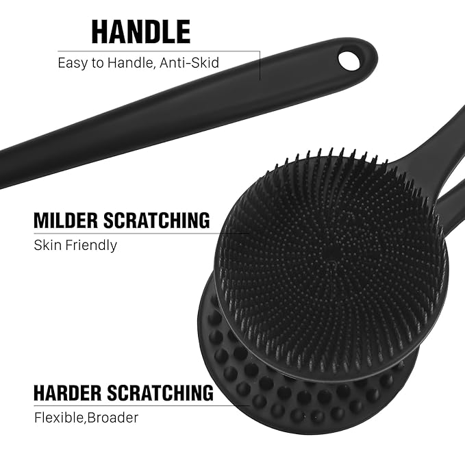 YouthRun Silicone Body Scrubber for Shower Men Women – Dual-Sided Exfoliating & Massage Shower Brush with Long Handle, Creates Rich Lather, Includes 1 Hook & 2 Lather Balls (Black).