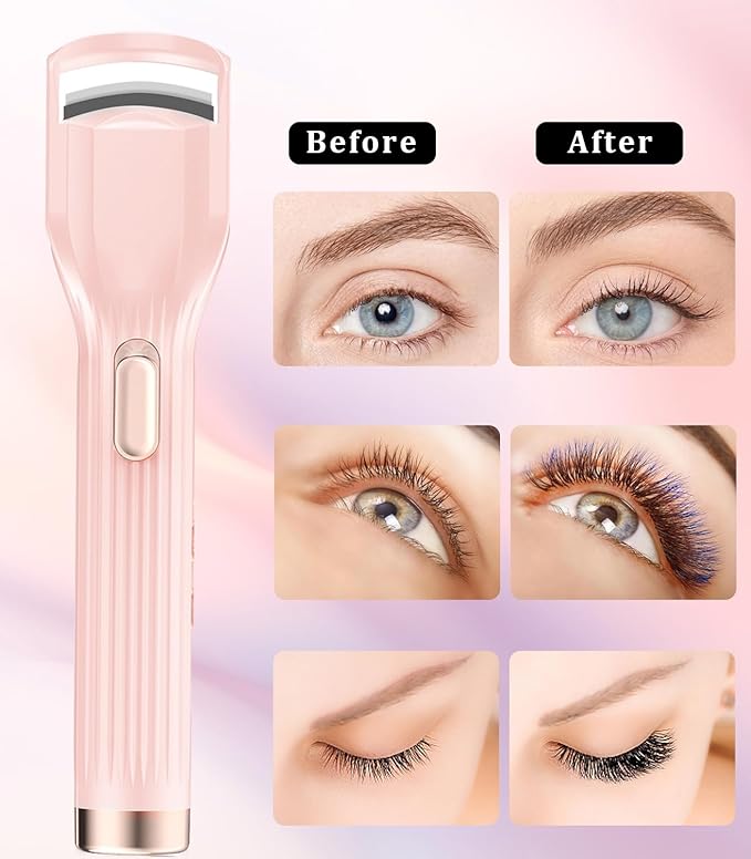 Heated Eyelash Curler Premium PRO - Fast Heat up in 8s - 24 Hours Long Lasting - Rechargeable Electric Eyelash Curler with Type-C, Innovative L Silicone, 2 Heat Modes, Anti-Burn Eyelid, Pink-GB