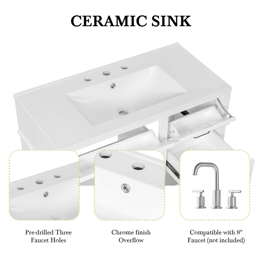 Harper & Bright Designs 36" Bathroom Vanity with Sink, Free Standing Vanity Set with 4 Drawers, Storage Racks, and Adjustable Shelf, Wood Bathroom Cabinet with Ceramic Basin for Bathroom, White