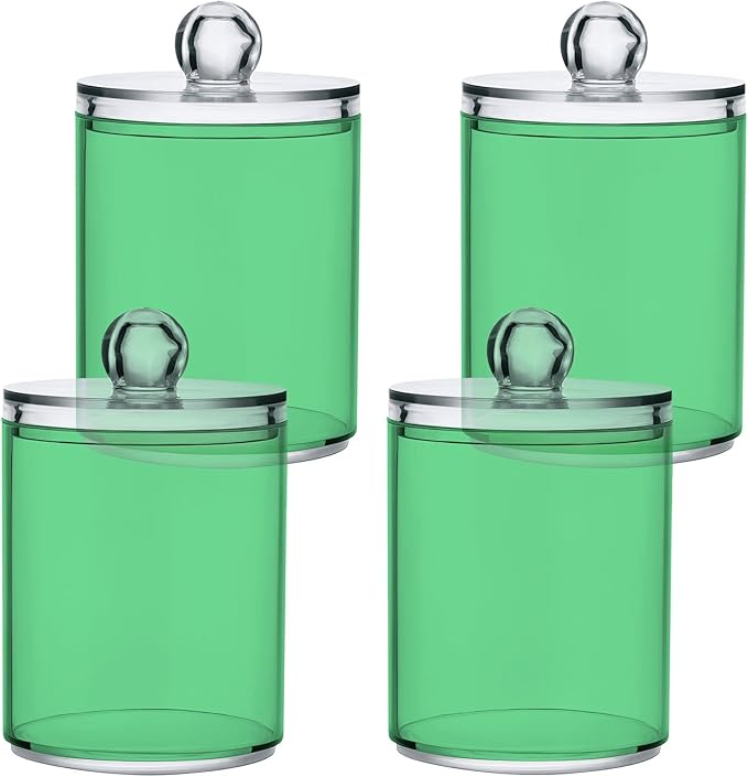 Navy Green Qtip Holder Organizer Dispenser Cotton Swabs Cans Plastic Jars with Lid Set 4 Pack Bathroom Storage Canister for Cotton Ball Floss Cotton Pads