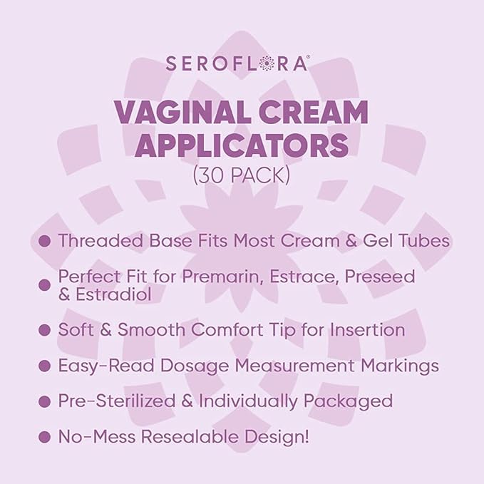 Seroflora Disposable Vaginal Cream Applicators - Fits Premarin, Estrace, Preseed and Most OTC Gels, Lubricants, and Creams - Threaded End, Comfort Tip, and Dosage Markings (30 Pack) Made in USA.