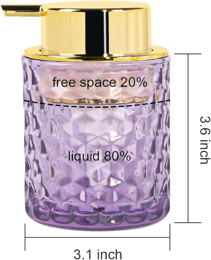 Fvstar 10 Oz Glass Hand Soap Dispenser with Pump, Refillable Bathroom Gold Foaming Soap Dispenser, Vintage Glass Diamond Lotion Container Bottle for Bathroom and Kitchen (1, Purple and Gold)