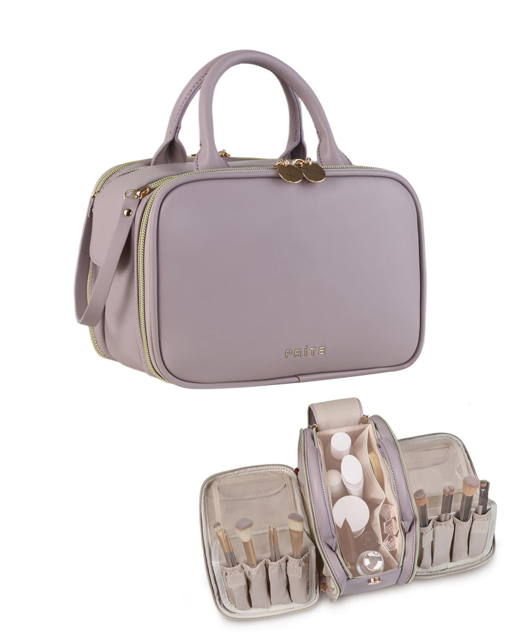 Prite Large Makeup Bag, Waterproof Travel Cosmetic Case with Brush Holder